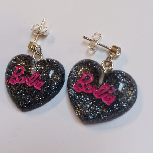 Barbie Black glitter Puffy Heart Earrings - Picture 4 of 4